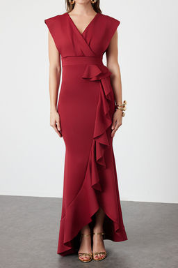 Bordo F?rf?r Detayl? Dokuma Uzun S?k Abiye Elbise TPRSS24AE00251 - Trendyolmilla фото 4