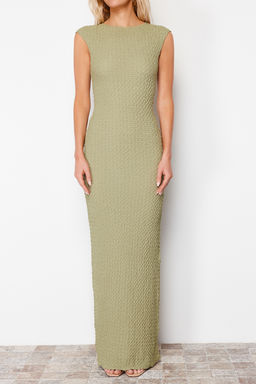 Haki Dokulu Kumas Fitted/Vucuda Oturan Ay Kol Esnek Orme Midi Kalem Elbise TWOSS24EL00103