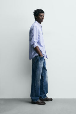 CAMISA REGULAR FIT LINO - ALGOD?N / Blanco / Celeste - Zara фото 4