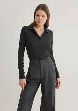 Polo Yaka Uzun Kollu Antrasit Tisort