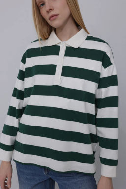 Блузка-поло в широкую горизонтальную бело-зеленую полоску - Incity фото 5