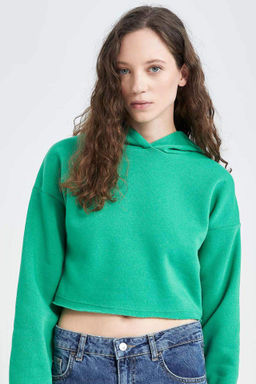 Crop Kapusonlu Basic Duz Sweatshirt - Defacto фото 2