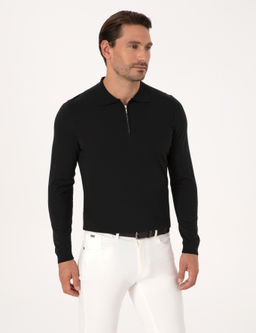 Siyah Regular Fit Y_n Kar___ml_ Fermuarl_ Polo Yaka Basic Triko Kazak - Cacharel фото 3