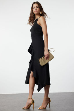 TRENDYOLMILLA Siyah Astarl? Volanl? Dokuma S?k Abiye Elbise TPRAW19BB0144 фото 23