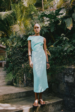 APPLIQU_ ASYMMETRIC LINEN BLEND MIDI DRESS