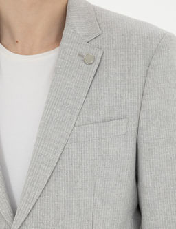 Gri Slim Fit Keten Kar___ml_ _izgili Tak_m Elbise