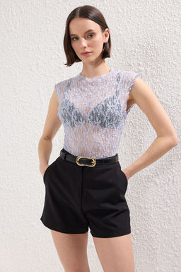 Trendyolmilla Siyah Kay?k Yaka Ay Kol Fitted/Vucuda Oturan Orme Bluz TWOSS25BZ00090  фото 5