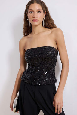 Siyah Straplez Yaka Pul Payet Party Bluz TPRSS26BZ00054