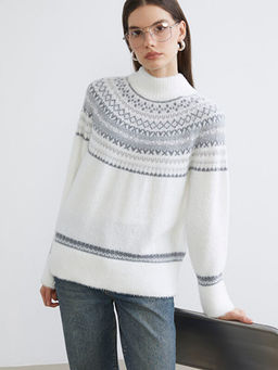 Dik Yaka Desenli Kad?n Triko Kazak