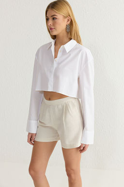 TRENDYOLMILLA Bej Keten Icerikli Arka Beli Lastikli Genis Paca Diz Boy Dokuma Sort & Bermuda TWOSS25SR00021 фото 6