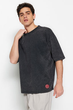 Antrasit Oversize/Geni_ Kesim Soluk Efektli %100 Pamuklu T-Shirt TMNSS23TS00153