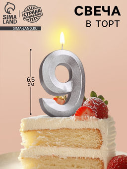 Цена за 3 шт. Свеча в торт «Цифра 9», серебряная, 6.5 см