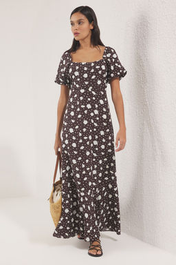 Kahverengi Etegi Belden Ac?lan Cicekli Maxi Dokuma Elbise TWOSS25EL00577 - Trendyolmilla фото 2