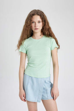 Базовая футболка с короткими рукавами и приталенным вырезом в рубчик на бретельках - Defacto фото 4