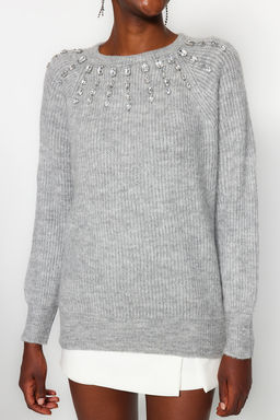 Ekru Yumusak Dokulu Mucevherli Triko Kazak TWOAW24KZ00685 - Trendyolmilla фото 18