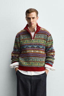 GEOMETRIC JACQUARD QUARTER-ZIP JUMPER