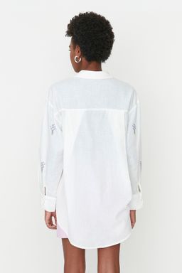 TRENDYOLMILLA Ekru Cicek Nak?s Detayl? Pamuklu Oversize Genis Kesim Dokuma Gomlek TWOSS22GO0246 фото 14