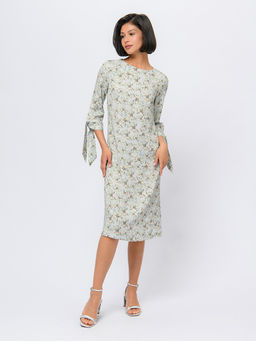 Платье серо-голубого цвета длины мини с принтом и завязками на рукавах - 1001dress фото 3