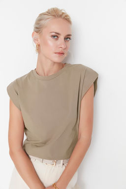 TRENDYOLMILLA Siyah %100 Pamuk Vatka Gorunumlu Basic Bisiklet Yaka Orme T-Shirt TWOSS20TS0021  фото 23