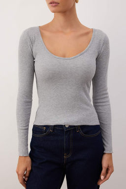 Kahverengi-Gri Melanj 2li Paket V Yaka Fitted/Vucuda Oturan Pamuklu Esnek Orme Bluz TWOAW24BZ00068