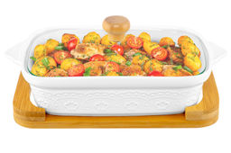 Блюдо д/запекания и сервировки 1,1 л 30*18*13 см "Белый узор" с стекл крышкой на дер подст.