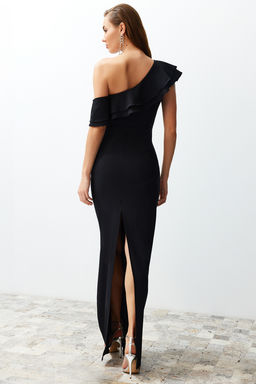 Siyah Vucudu Saran Volanl? Dokuma S?k Abiye UzunElbise TPRSS24AE00066 - Trendyolmilla фото 3