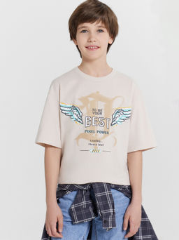 Футболка для мальчиков бежевая с принтом и надписью best pixel power