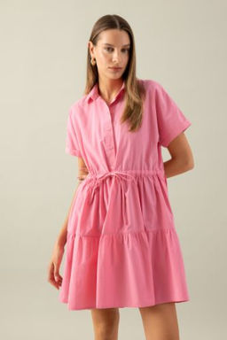 Gomlek Yaka Beli Buzgulu Poplin K?sa Kollu Mini Pembe Elbise