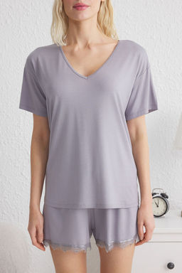 Trendyolmilla Siyah Dantel ve Baglama Detayl? Sortlu Orme Pijama Tak?m? THMSS25PT00012  фото 8