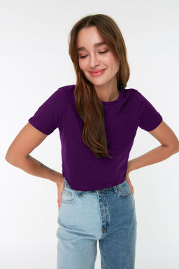 Mor-Antrasit 2li Paket %100 Pamuk Crop Bisiklet Yaka Orme T-Shirt TWOSS20TS1480