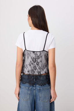 Ekru D_z Regular/Normal Kal_p Bisiklet Yaka Dantel Atlet Detayl_ Esnek _rme T-Shirt TWOSS26TS00290 - Trendyolmilla фото 8