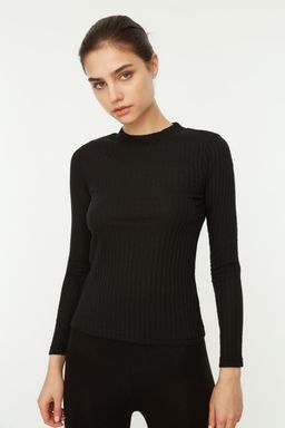 Siyah Dik Yaka Fitilli Esnek Fitted/Vucuda Oturan Orme Bluz TWOAW20BZ0200