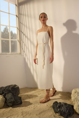 Trendyolmilla Beyaz Kusakl? Keten Kar?s?ml? A Kesim Midi Dokuma Elbise TWOSS25EL00650  фото 9