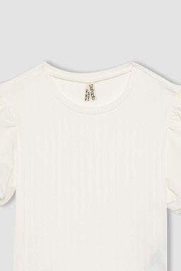 Белая футболка облегающего кроя с круглым вырезом в рубчик и короткими рукавами для девочек - Defacto фото 10