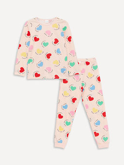 Bisiklet Yaka Bask?l? Uzun Kollu K?z ?ocuk Pijama Tak?m?