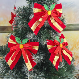 Цена за 2 шт. Ёлочные игрушки 3 шт. Зимнее волшебство. Бант с остролистом, бантики, 10.510 см, золотисто-красный