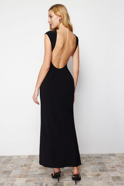 TRENDYOLMILLA Siyah S?rt Dekolteli Fitted/Vucuda Oturan Maxi Esnek Orme Maxi Kalem Elbise TWOSS24EL00090