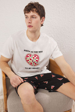 Trendyolmilla Man Ekru Siyah Regular Fit Pizza Bask?l? %100 Pamuk Couple Orme Erkek Pijama Tak?m? TMNSS25PT00048  фото 3
