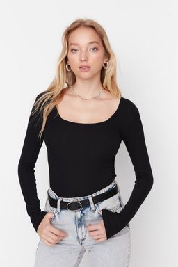 Siyah Kare Yaka Uzun Kollu Fitilli Esnek C?tc?tl? Orme Body TWOAW21BD0022