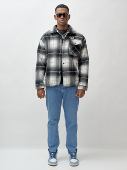 Куртка рубашка шерстяная в клетку мужская демисезонная темно-серого цвета 58592TC