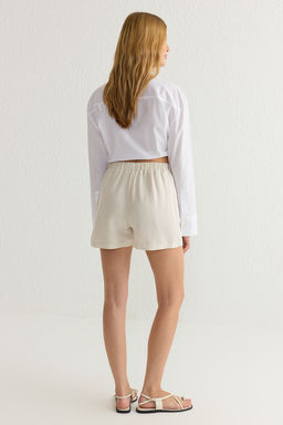 TRENDYOLMILLA Bej Keten Icerikli Arka Beli Lastikli Genis Paca Diz Boy Dokuma Sort & Bermuda TWOSS25SR00021 фото 9