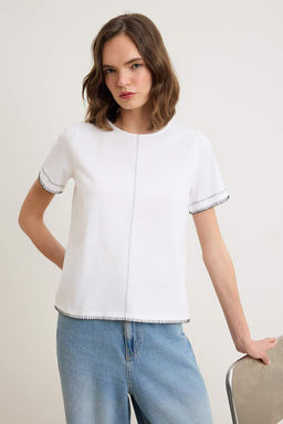 Beyaz Regular/Normal Kal?p Dusuk Kol K?sa Kollu Tok %100 Pamuk Orme T-Shirt TWOSS26TS00260