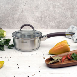 Ковш из нержавеющей стали Lira 0,9л, д14см, h6,8см, s0,5мм, дно д12см, s4мм, стеклянная жаропрочная крышка, стальной обод, пароотвод, силиконовые вставки коричневого цвета, капсулированное дно, полировка внешняя - матовая, внутренняя - матовая, мер - Домашняя мода фото 3