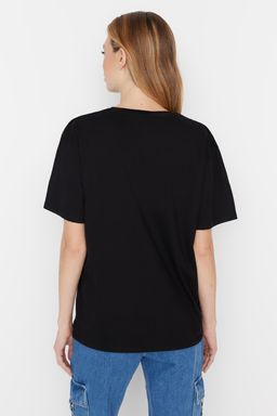 Siyah %100 Pamuk Boyfriend V Yaka Orme T-Shirt TWOSS23TS00003