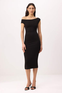 Siyah Bodycon Asimetrik Yaka Dusuk Kol K?sa Kollu Midi Soft Touch Orme Elbise TWOSS26EL00629 - Trendyolmilla фото 2