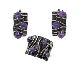 Комплект Чара-51, чароит, покрытие родий, размеры кольца: 17, 18, 19, 20