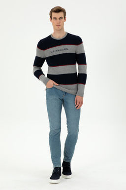 Erkek Slim Fit Bisiklet Yaka Gri Melanj Kazak