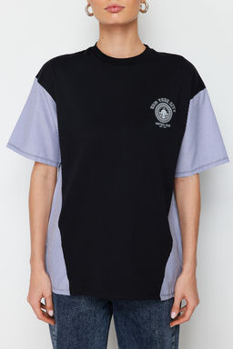 TRENDYOLMILLA Siyah Oversize/Genis Kal?p Poplin Detayl? Bask?l? Orme T-Shirt TWOSS24TS00005 фото 5