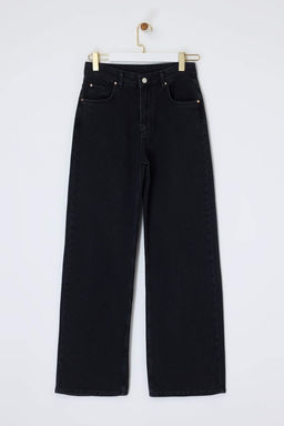 Siyah DOKUMLU Yuksek Bel MEVSIMLIK %100 Pamuk Uzun Boy Wide Leg Jeans TWOSS26JE00127