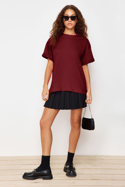 Bordo %100 Kal?n Pamuklu Premium Oversize/Genis Kal?p Bisiklet Yaka Orme T-Shirt TWOSS23TS00040